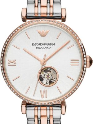 Emporio Armani Women's Stainless Steel Dress Watch, Silver and Pink Open Dial, Automatic Watch