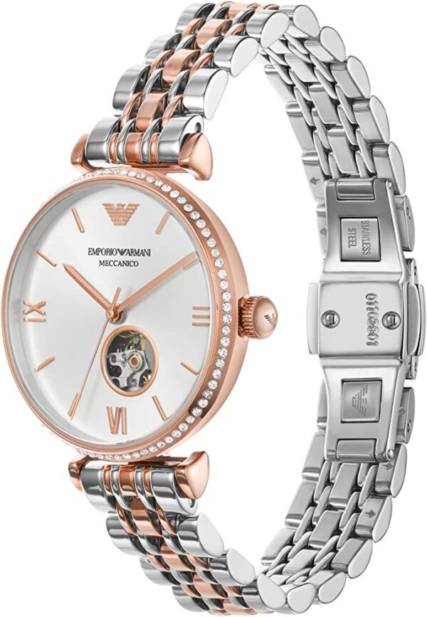 Emporio Armani Women's Stainless Steel Dress Watch, Silver and Pink Open Dial, Automatic Watch