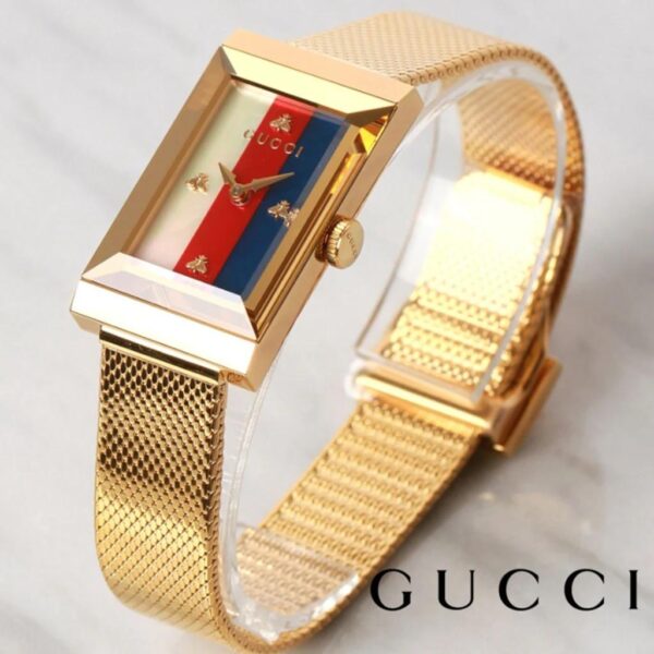 Gucci G-Frame Mother Of Pearl Dial Yellow Gold Mesh Bracelet Watch For Women - YA147410