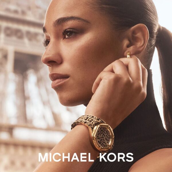 14b263ea-5b8a-4a6d-9d65-4f107cfa5364 Michael Kors Lennox Three Hand Crystals Gold Dial Two Tone Steel Strap Watch For Women - MK7284