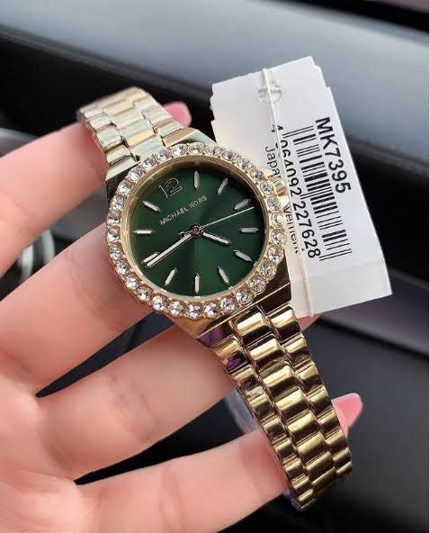 Michael Kors Lennox Quartz Green Dial Gold Steel Strap Watch For Women - MK7395