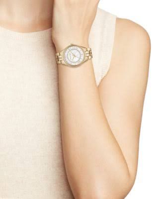 Michael Kors Lauryn Mother Of Pearl White Dial Gold Steel Strap Watch For Women - MK3899