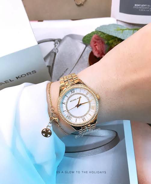 Michael Kors Lauryn Mother Of Pearl White Dial Gold Steel Strap Watch For Women - MK3899