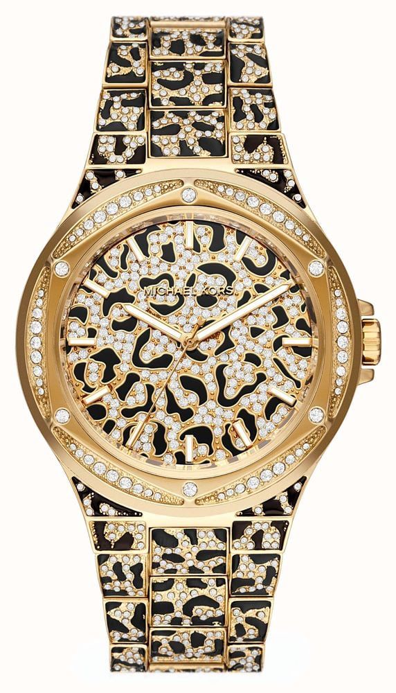 837735c4-7d7f-48da-a677-90f1269389d3 Michael Kors Lennox Three Hand Crystals Gold Dial Two Tone Steel Strap Watch For Women - MK7284