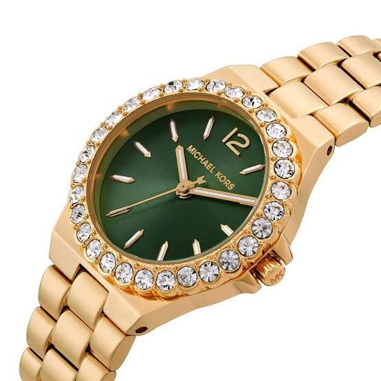 Michael Kors Lennox Quartz Green Dial Gold Steel Strap Watch For Women - MK7395
