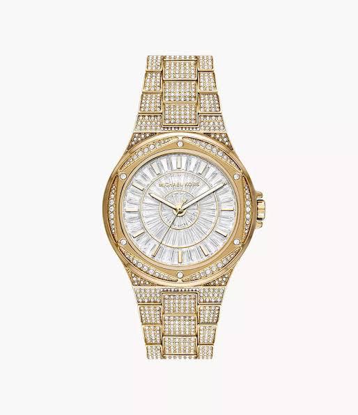 Michael Kors Lennox Three Hand Crystals White Dial Gold Steel Strap Watch For Women - MK6991