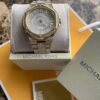 Michael Kors Lennox Three Hand Crystals White Dial Gold Steel Strap Watch For Women - MK6991