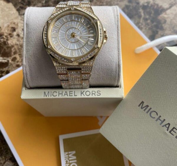 Michael Kors Lennox Three Hand Crystals White Dial Gold Steel Strap Watch For Women - MK6991