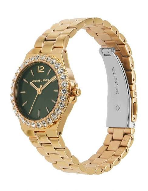 Michael Kors Lennox Quartz Green Dial Gold Steel Strap Watch For Women - MK7395