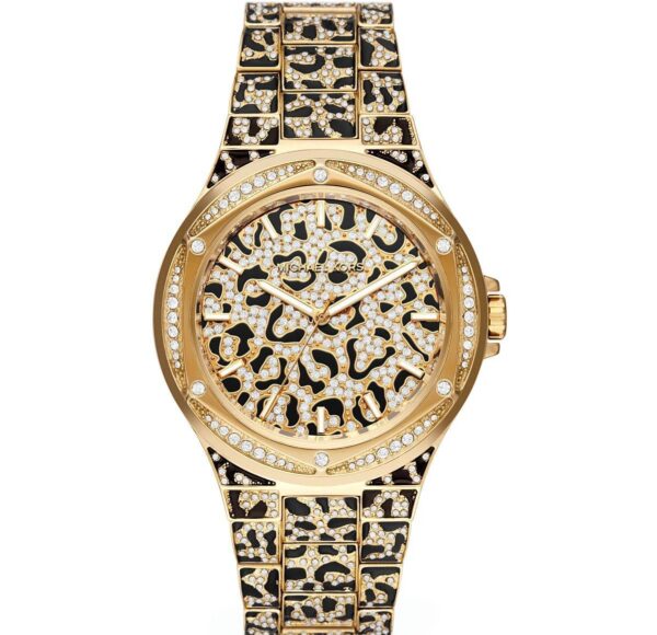 dc9e41d4-97f7-4901-946a-1168b8669917 Michael Kors Lennox Three Hand Crystals Gold Dial Two Tone Steel Strap Watch For Women - MK7284