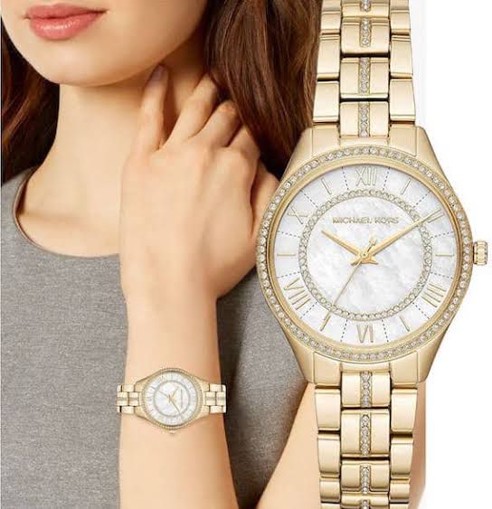 Michael Kors Lauryn Mother Of Pearl White Dial Gold Steel Strap Watch For Women - MK3899